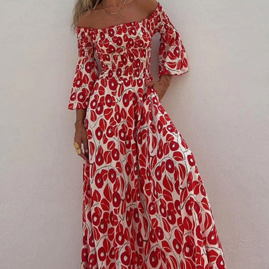 Abito Lungo con Spalle Scoperte e Stampa Floreale – Eleganza e Freschezza Estiva